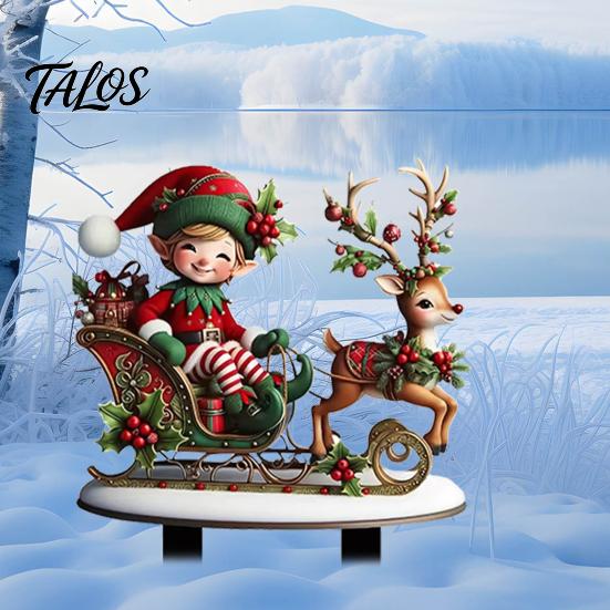 Festive Lawn Stakes Christmas Elf Garden Stake, Reindeer Sleigh Acrylic Yard Art Outdoor Decorations Waterproof Xmas Ornament for Holiday Flower