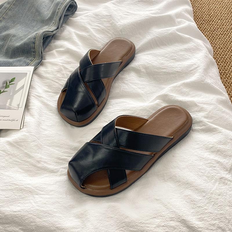 

French hollow bag head half slippers women s summer wear 2025 new thick-bottomed breathable seaside beach going out sandals 40 чёрный