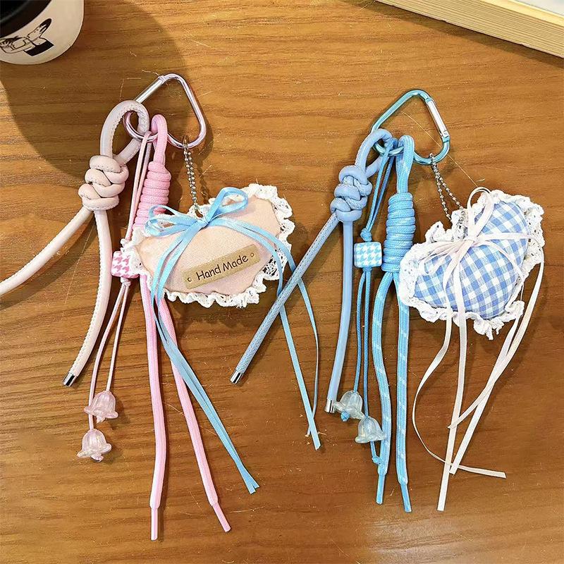New sweet love lace plaid streamer keychain cute bow ribbon love bag pendant wholesale
