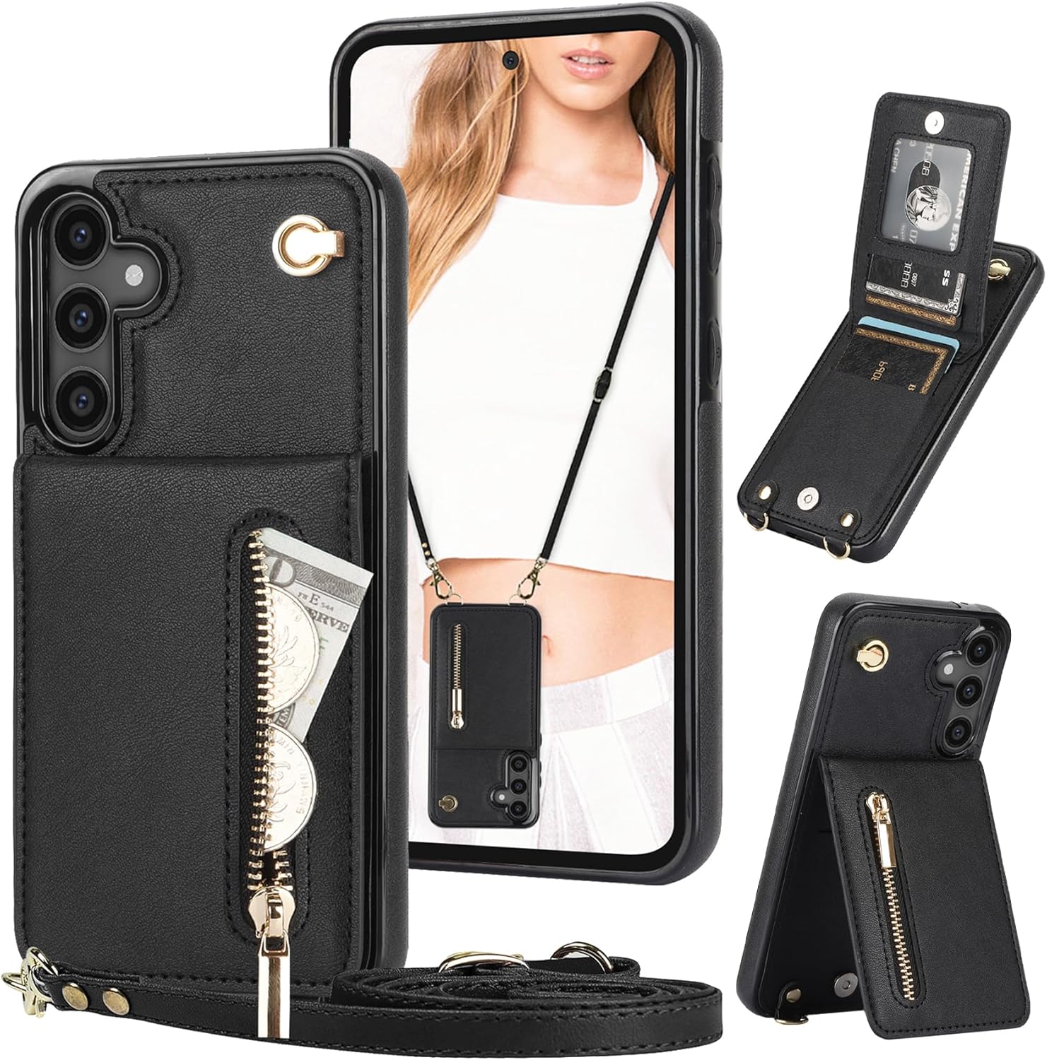 Crossbody wallet case for Samsung Galaxy S25Plus with zippered pocket and PU leather lanyard чёрный