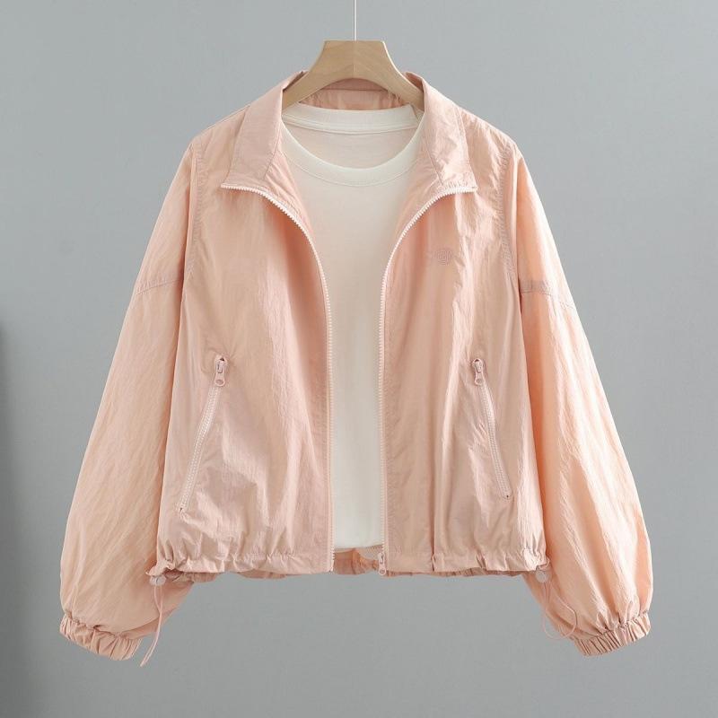 Summer Lightweight Drawstring Sun Protection Jacket Women Short New Suncreen Coat Korean Loose Letter Stand Collar Jacket Top