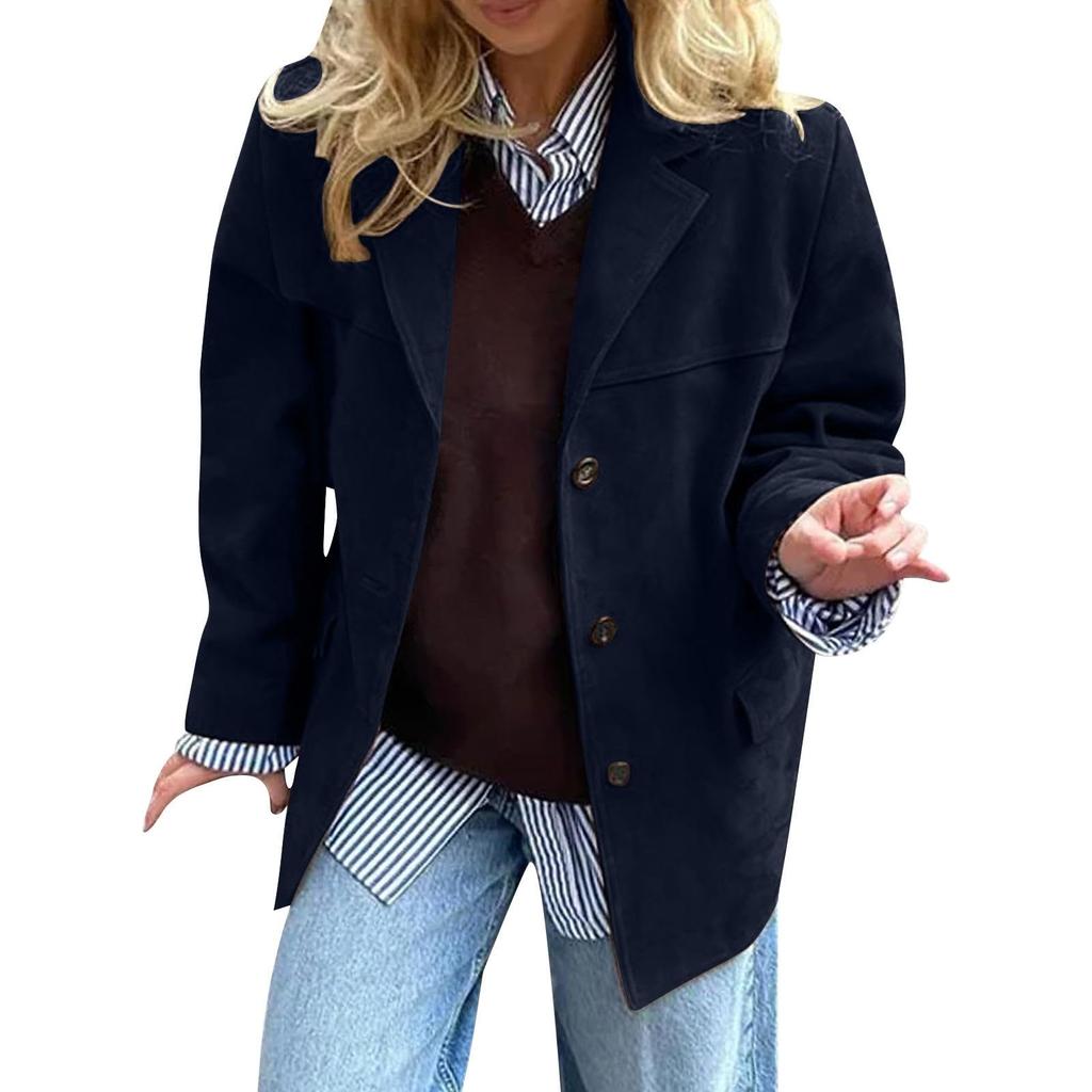Women's Fashion Solid Color Vintage Casual Oversized Pocket Long-Sleeve  Jacket
