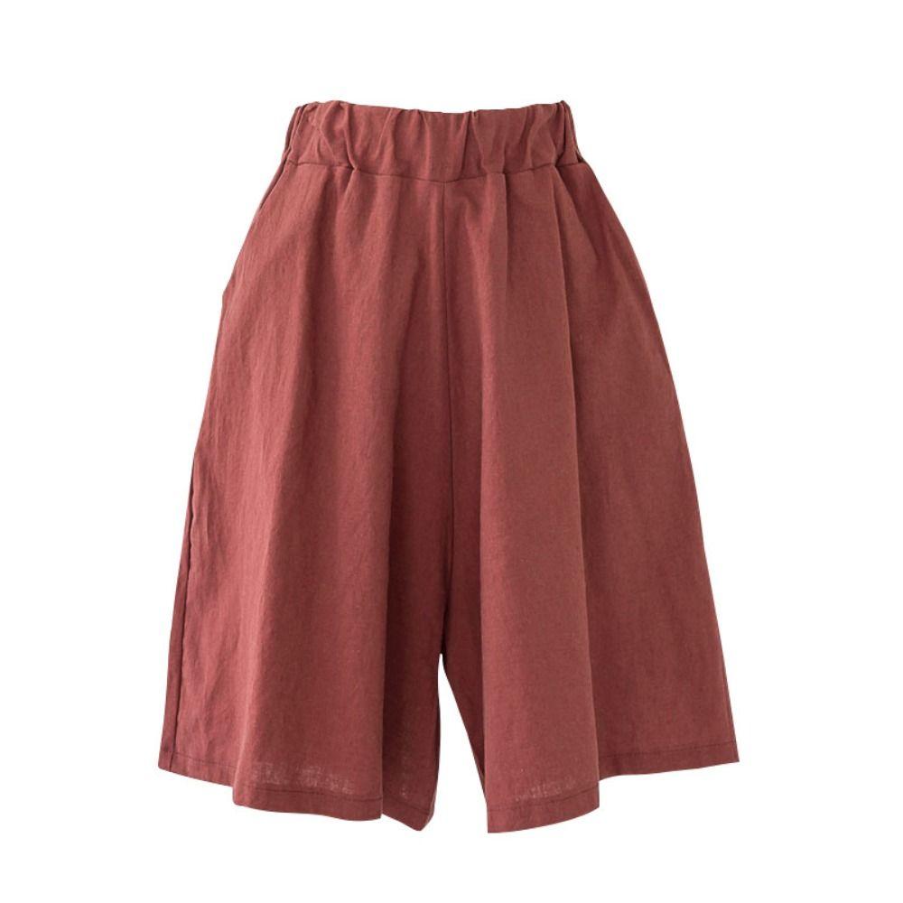 Fashion Elastic Waist Women Fifth Pants Linen Cotton Loose Casual Shorts Wide Leg Plus Size Knee Length Trousers Holiday