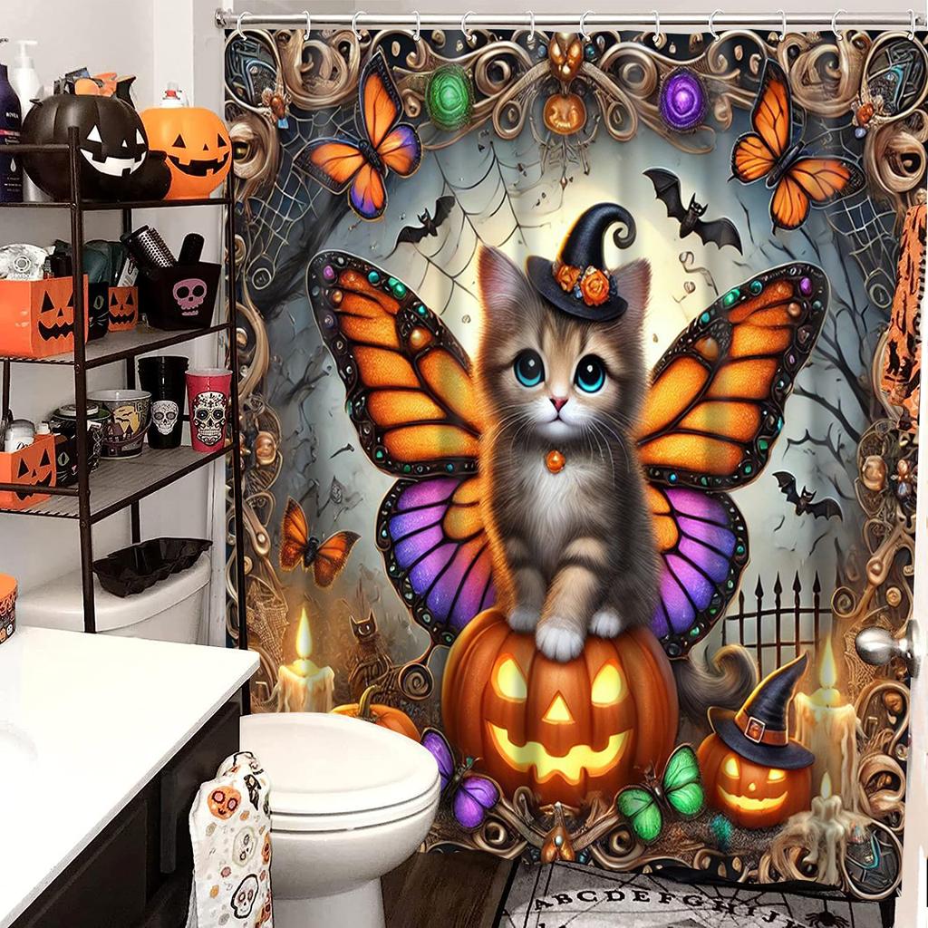 Hallowmas Bat Butterfly Spider Web Bathing Curtain Bathroom Shower Curtain Waterproof With 12 Hooks Fishes Home Deco Free Ship