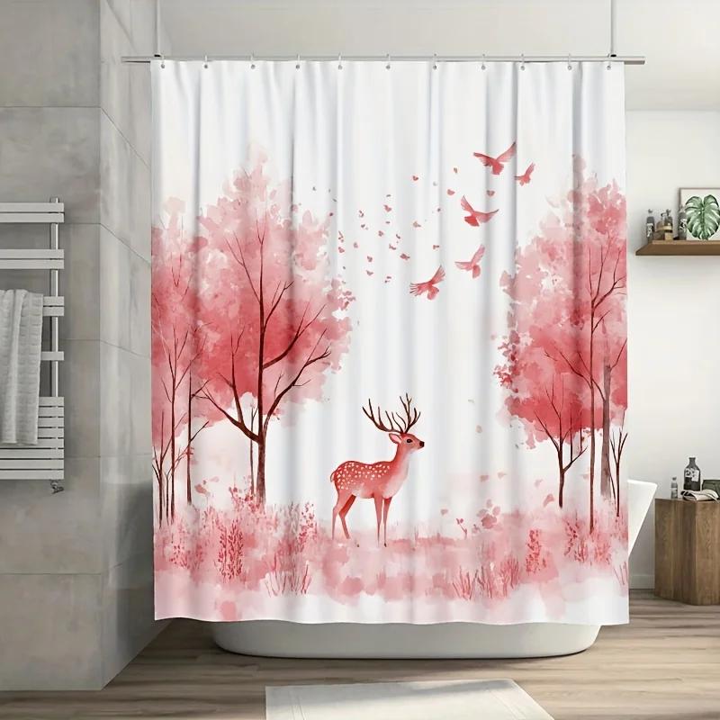 

1Pc Adorable Deer In Woods Pink Shower Curtain - Waterproof, 12 Hooks, 71X71 , Bathroom Decor By Wwsugai330 W60H190(CM)-1 Pcs