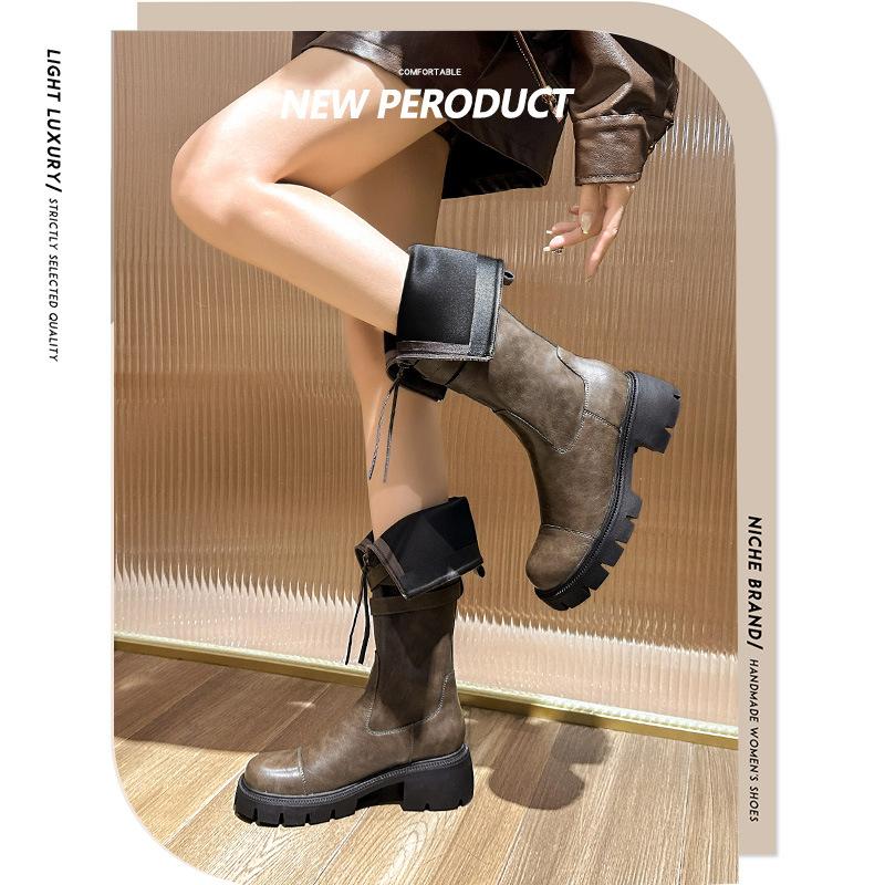 New spot fried street Maillard style new boots female 2025 autumn and winter Internet celebrity thick bottom flat mouth tall cylinder knight