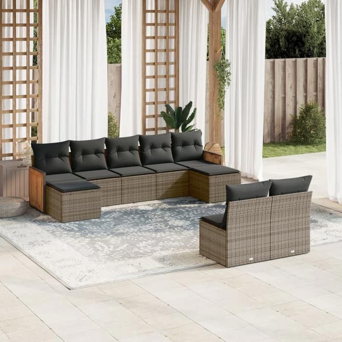 VidaXL Salon de Jardin avec Coussins 9 pcs, Canapés de Patio, Ensemble de Meubles, Mobilier de Terrasse Extérieur, Gris 3260457