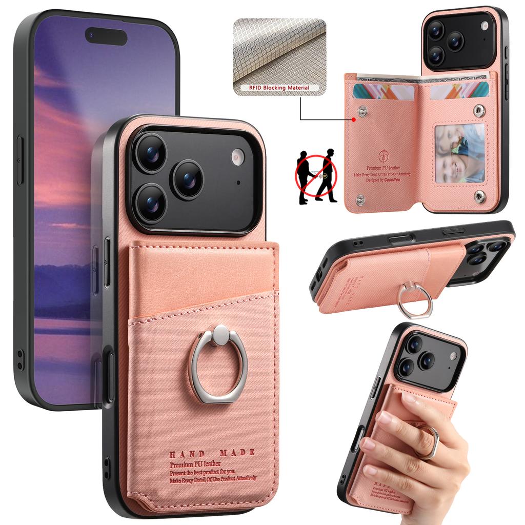 For iPhone 17 Pro Case with Card Holder Kickstand Leather + TPU + PC Phone Cover