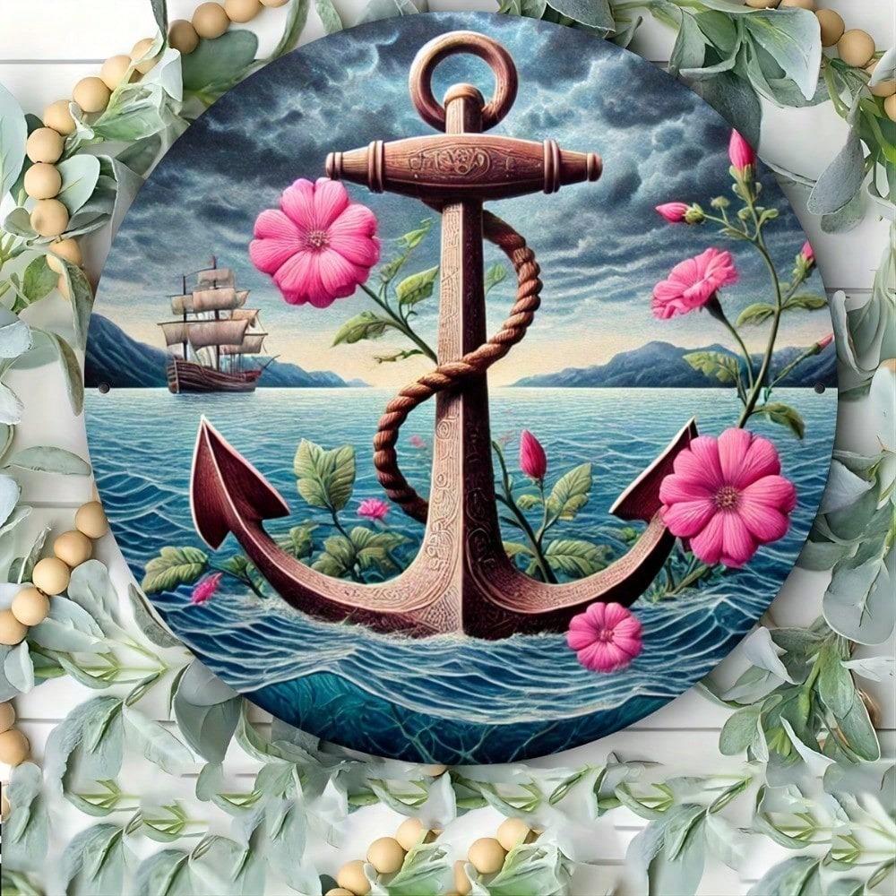 Nautical Anchor Sailboat Floral Metal Wall Art 8 Inch Round Iron Decor For Home Kitchen Cafe Hanging