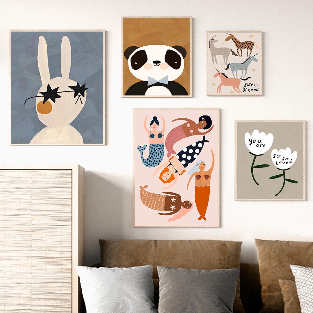 Boho Cartoon Kaninchen Maus Kindergarten Wand Kunst Leinwand Malerei Nordic Retro Tier Poster Druck Wand Bild Baby Kinder Zimmer Dekor