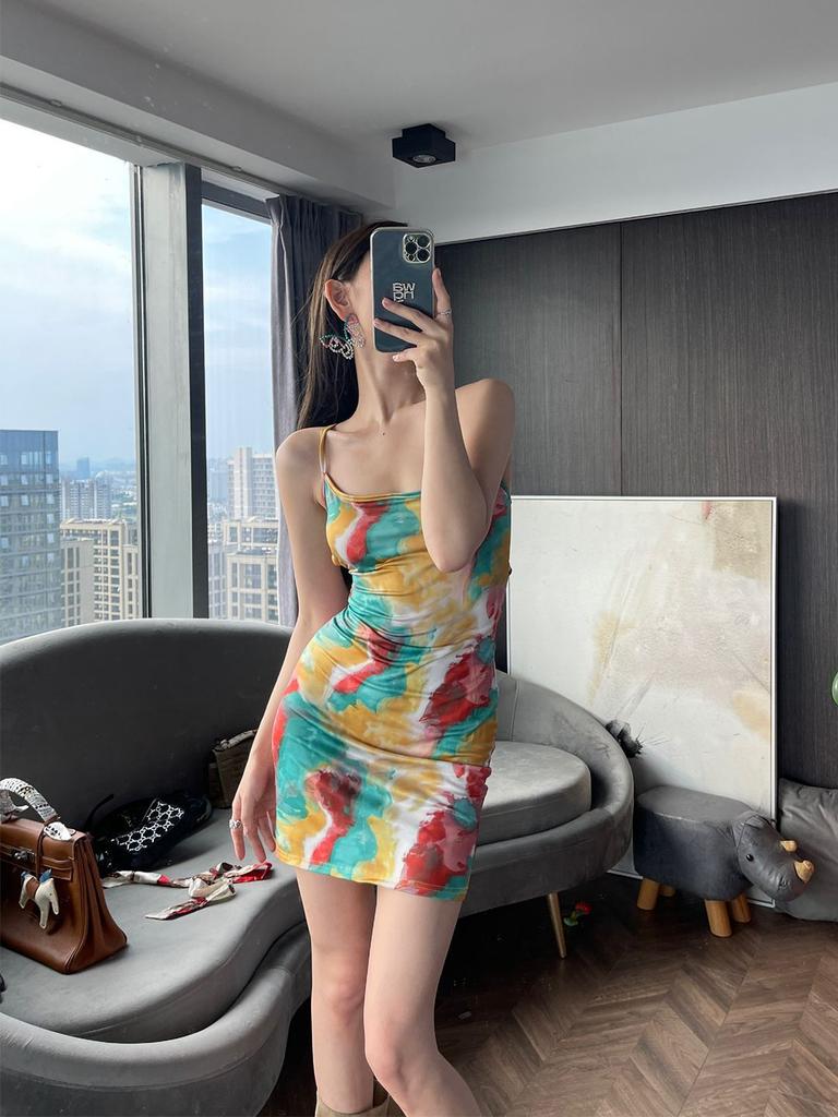 2026 Summer Millennium Short Skirt Spice Girl Suspender Dress Irregular Tie-Dye Printed High Waist One-Word Shoulder Hip Bag Skirt