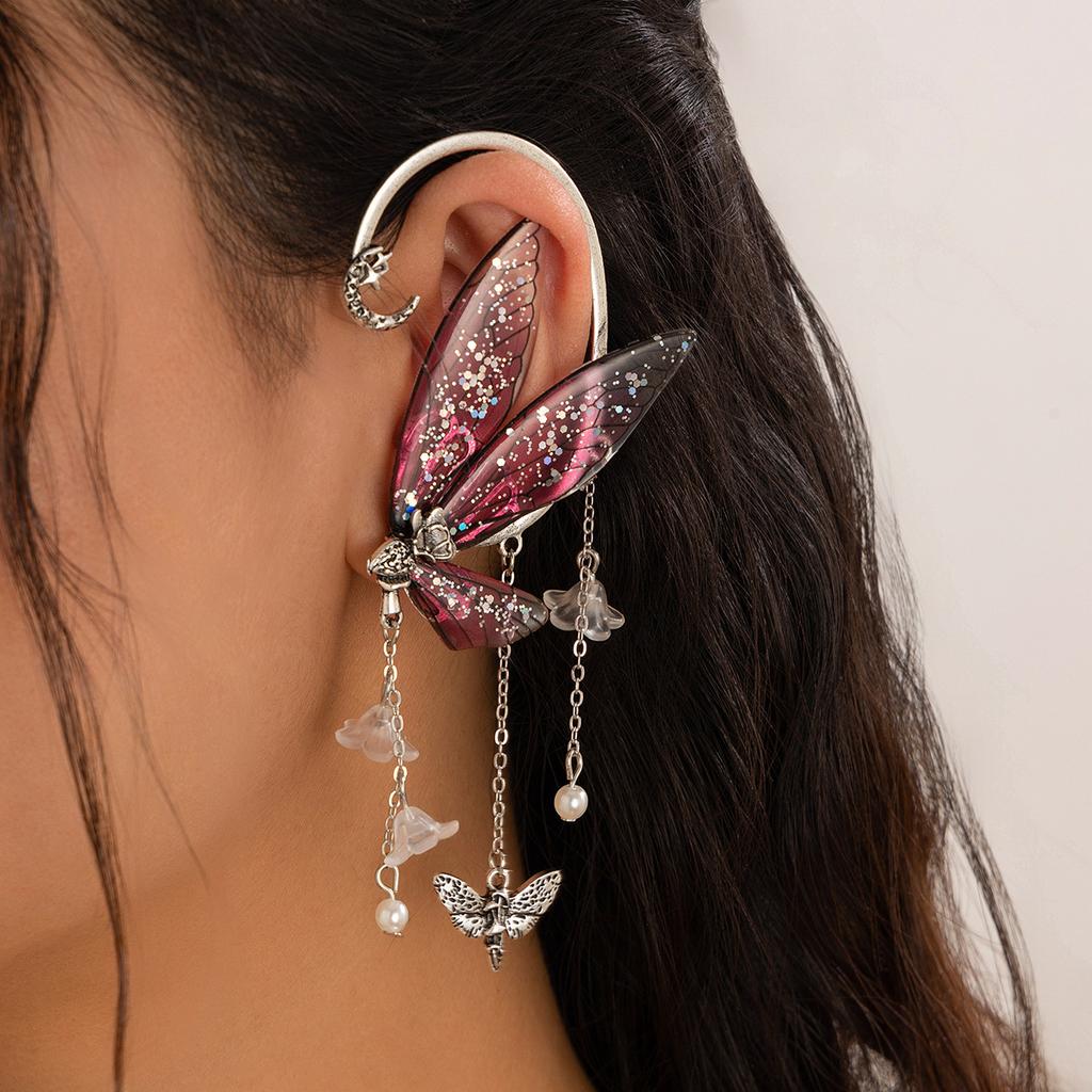 Mori Elf Ears Butterfly Contour Ears Hanging, Sweet Without Ear Piercings Wings Stud Earrings