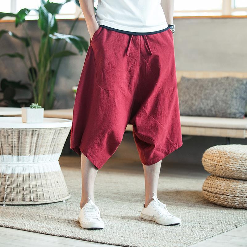 Spring Summer Thin Beach Casual Shorts Men Japenese Wide Leg Baggy Capris Pants Male Sport Running Shorts