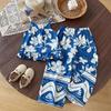 Girls' Summer Blue Floral Vacation Set with Spaghetti Strap Top & Straight-Leg Pants