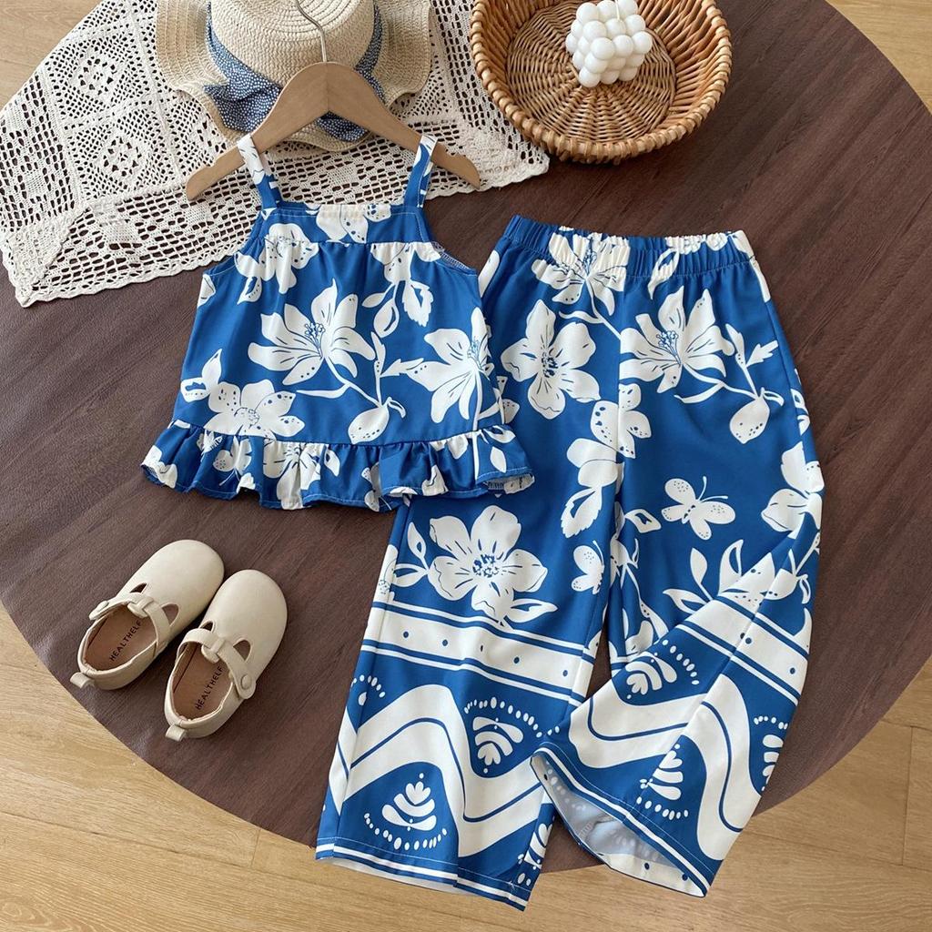 Girls' Summer Blue Floral Vacation Set with Spaghetti Strap Top & Straight-Leg Pants