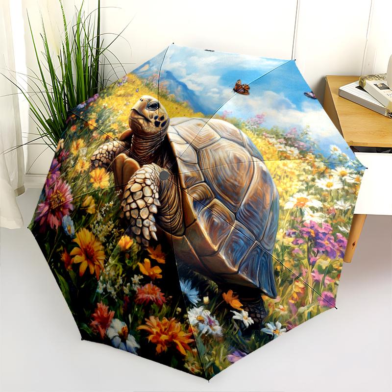Turtle and Flower Pattern, Automatic Folding Umbrella, Portable and Foldable Design, 8 Ribs, a Christmas or Birthday Gift.