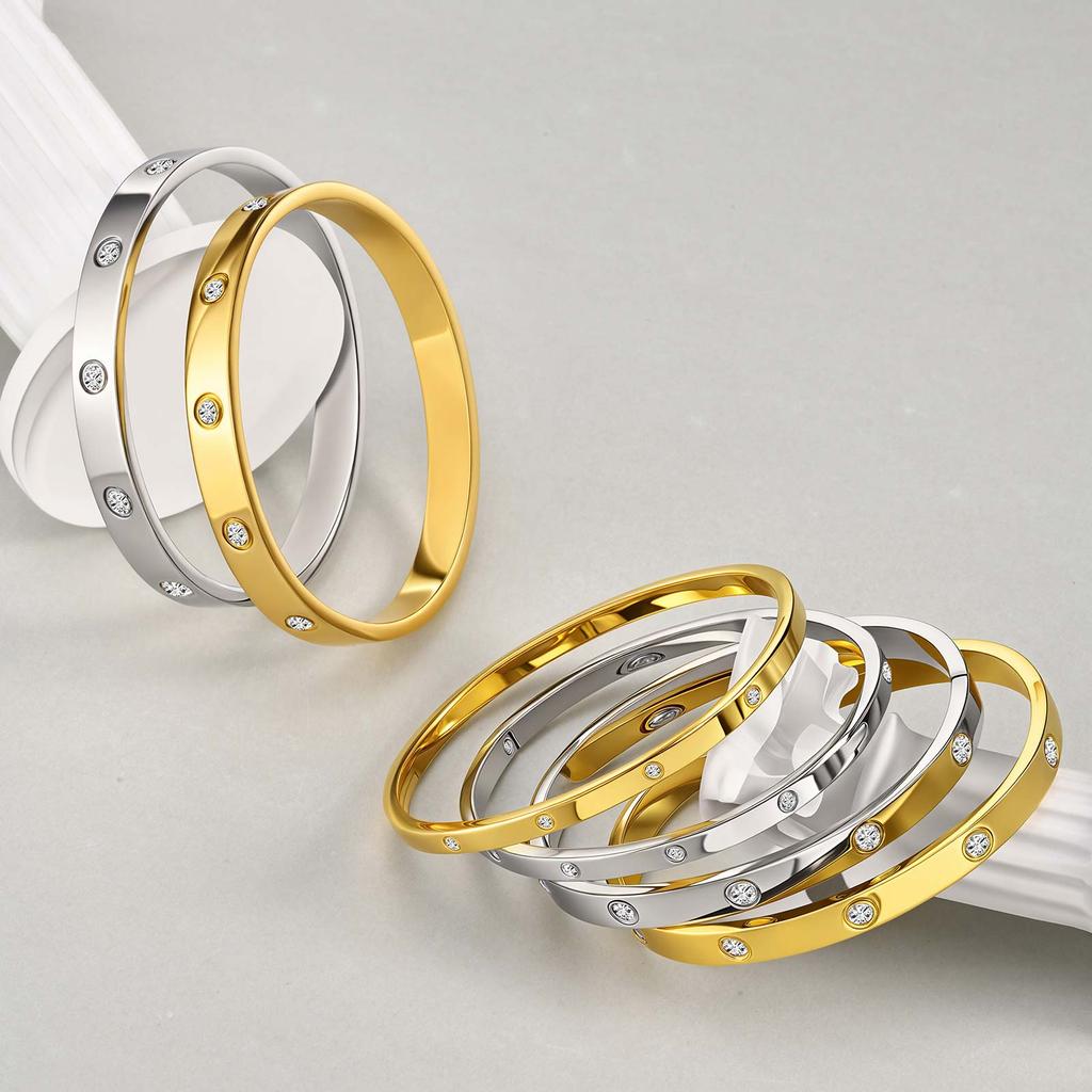 Luxury Cubic Zircon Stainless Steel Bracelet for Women, Gold Plated Waterproof Openable Bangle, High Quality Charm Jewelry Gift