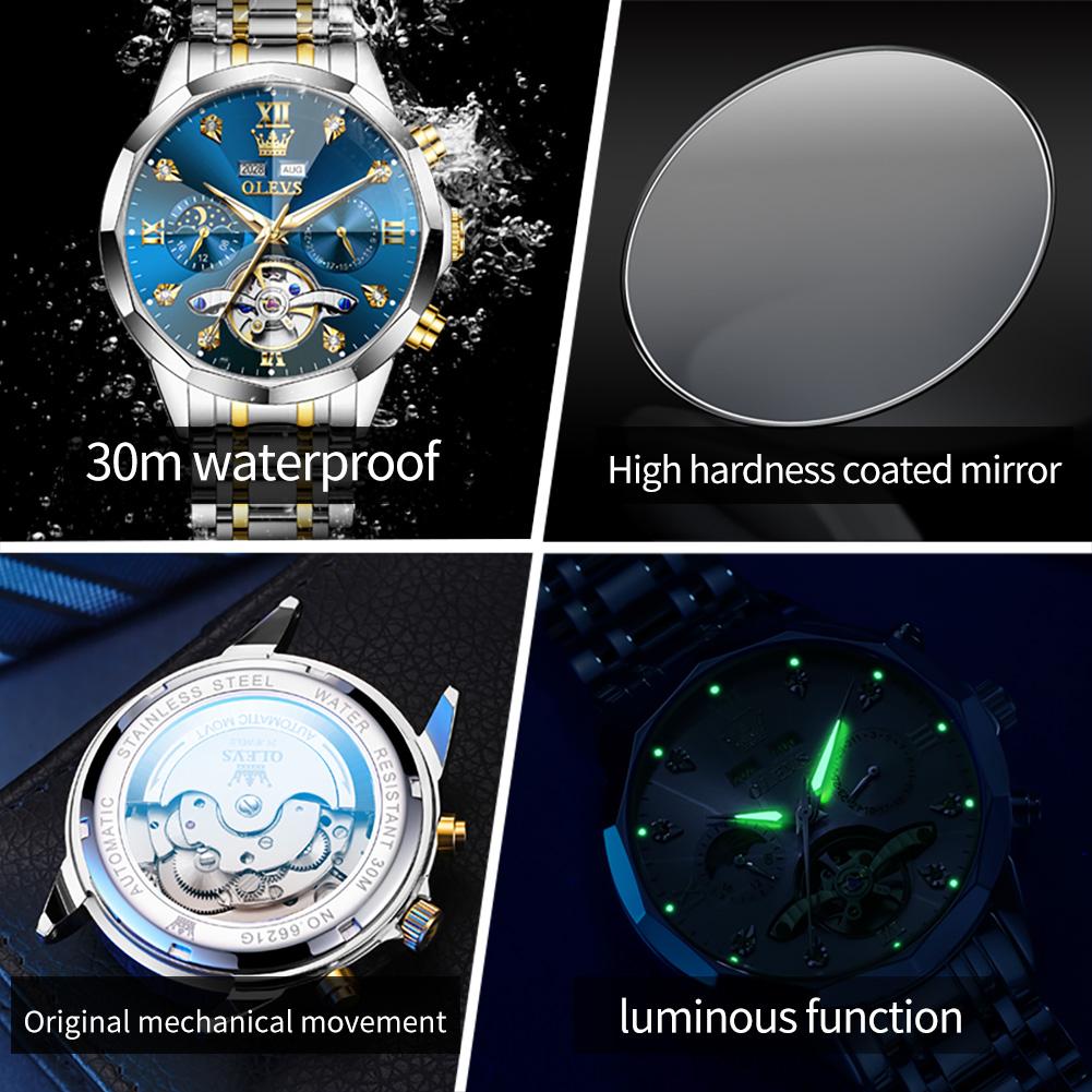 OLEVS 6621 Mens Skeletonized Flywheel Wristwatch Dual Calendar Moon Phase Waterproof Automatic Mechanical Luxury Watch Man