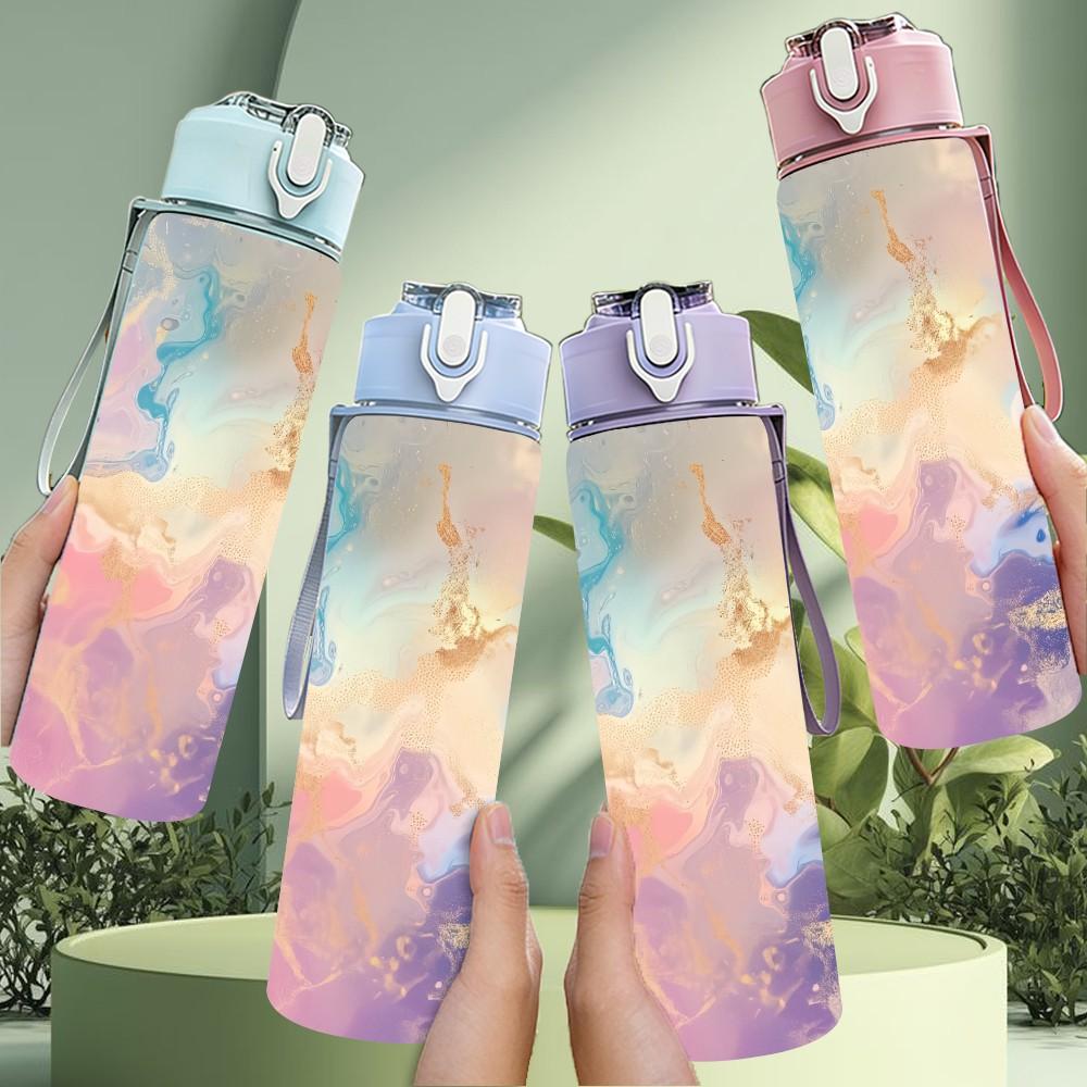 1PC Soft Pastel Cloud Swirl Abstract Gradient Art 750ml Color Plastic Sports Water Bottle Leakproof Flip Straw Lid Suitable for Sports Office Home Use