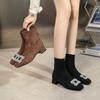 Square Head Suede Small Short Boots New Year Coffee Color Medium Tube Boots Rhinestone Square Buckle Low Heel Spring and Autumn Single Boots