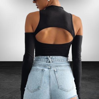 European and American Autumn Women's Spicy Girl Hollow Out Slimming Half High Neck Long Sleeved Backless Off Shoulder Jumpsuit