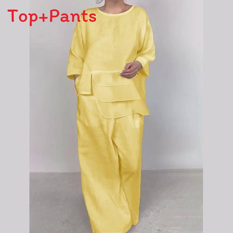 Classic Satin Shirt And Wide Leg Pants Set For Women With Pockets For Fall