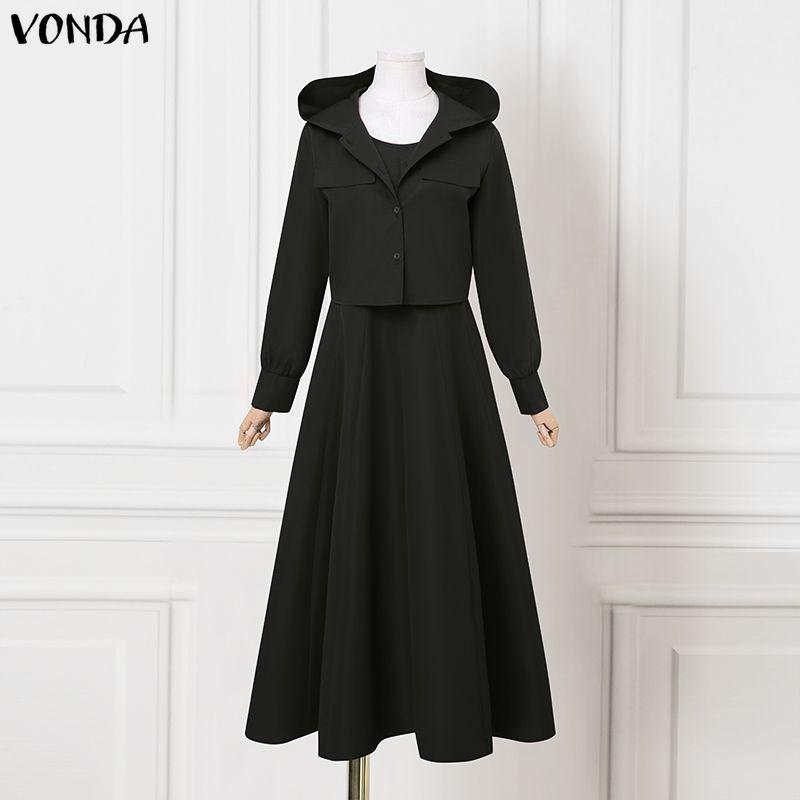 VONDA 2PCS Women Long Sleeve Hooded Tops and Sleeveless Skirts Casual Two Piece Suit Sets