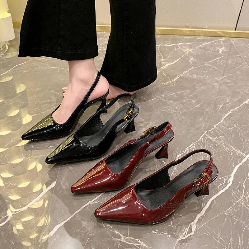 Women's 7cm and 9cm Single Shoes with Heels Expose Your Heels Pointed Tip High Heels Women Patent Leather Black Red Shoes Women