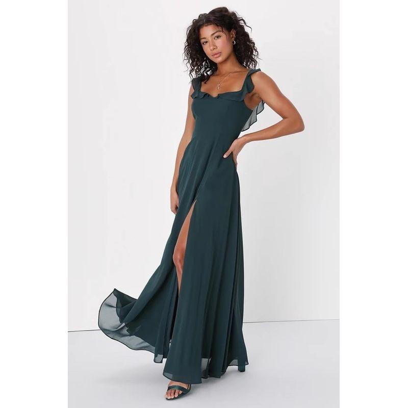 

Foreign Trade Order Frill Lu Home V-neck Sexy Split Fashion Skirt Annual Party Footwear Backless Dress Women Green M