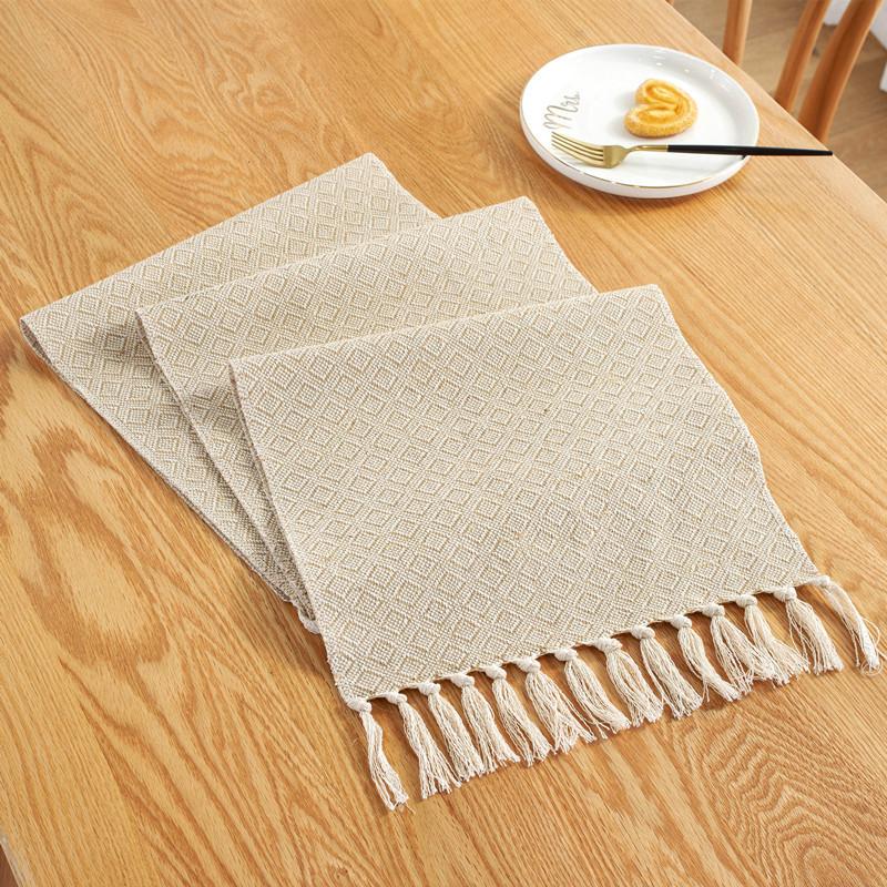 Scandinavian Style Woven Table Runner Cotton Linen Christmas Decor Solid Color Fringe Jute Tea Table Cover