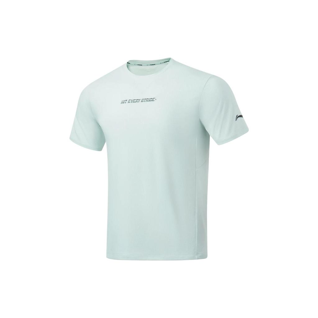 Li Ning Running Series Solid Color Letter Print Round Neck Quick-Dry Breathable Short Sleeve T-Shirt Men Tops Light-Blue ATST081-8