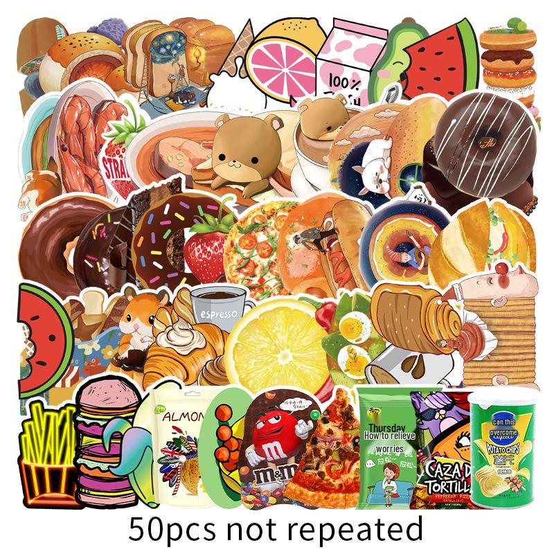 50 Unique Food & Drink Cartoon Waterproof Stickers for Suitcase, Guitar, Tablet, and Car