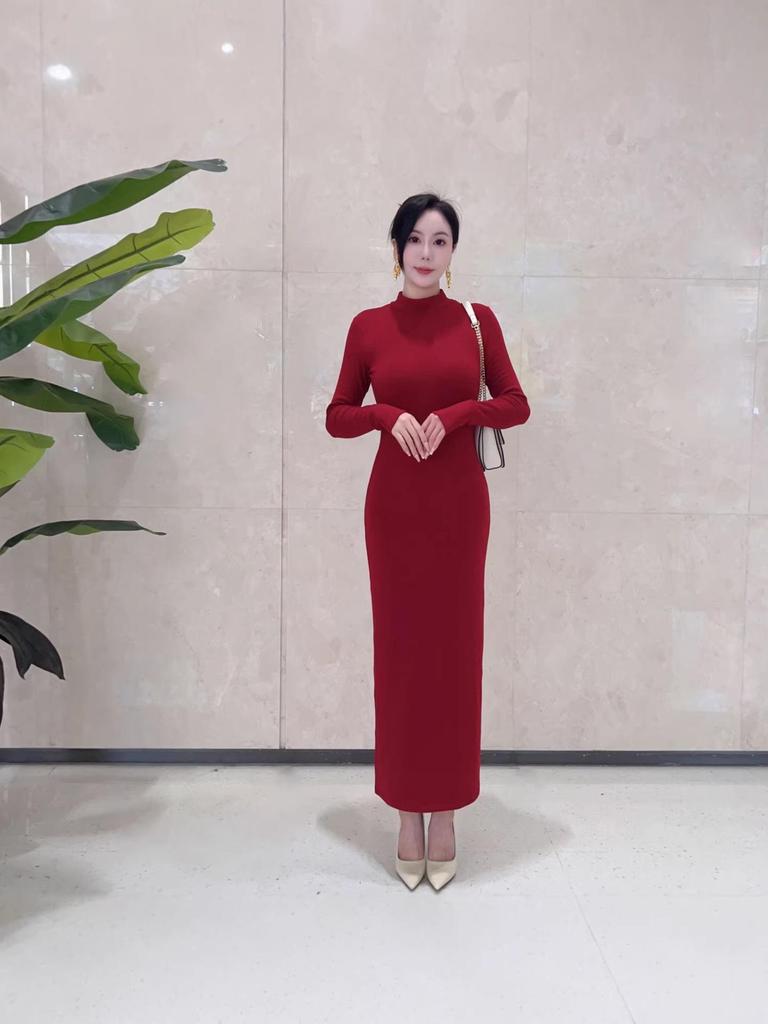 Elegant High-End Autumn Winter Dress: Warm, Semi-High Collar, Slimming Socialite Style