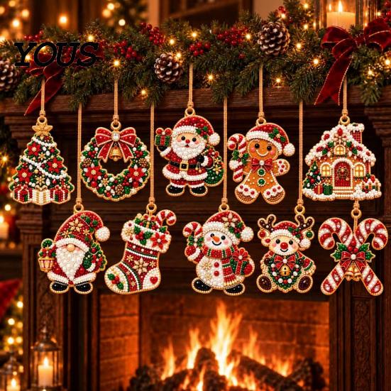 Novice Friendly Craft Supplies Christmas Faux Pearl Art DIY Kit, Make 10Pcs Hanging Ornaments, Festive Seasonal Handmade Ornaments Rhinestone Kit for