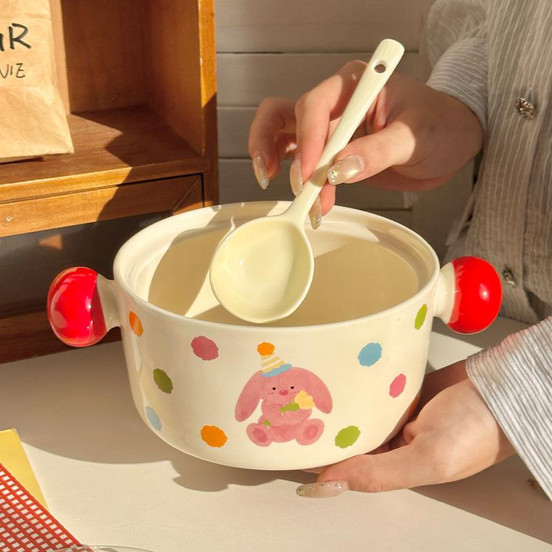 Ins Cream Wind Cute Cartoon Ceramic Binaural Instant Noodle Bowl Snail Powder Bowl Noodle Bowl Soup Bowl with Lid