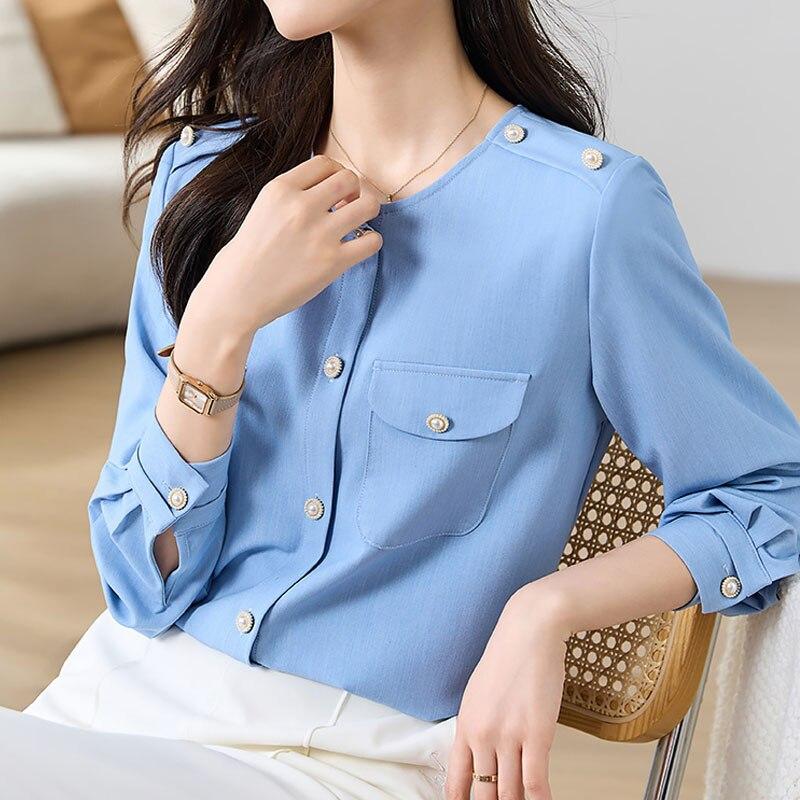 Ofis Bayan Düğmeli Bluz Kadın Moda Mavi Bayan Gömlek Uzun Kollu Kadın Üstleri Rahat Vintage Kadın Giysileri 29313