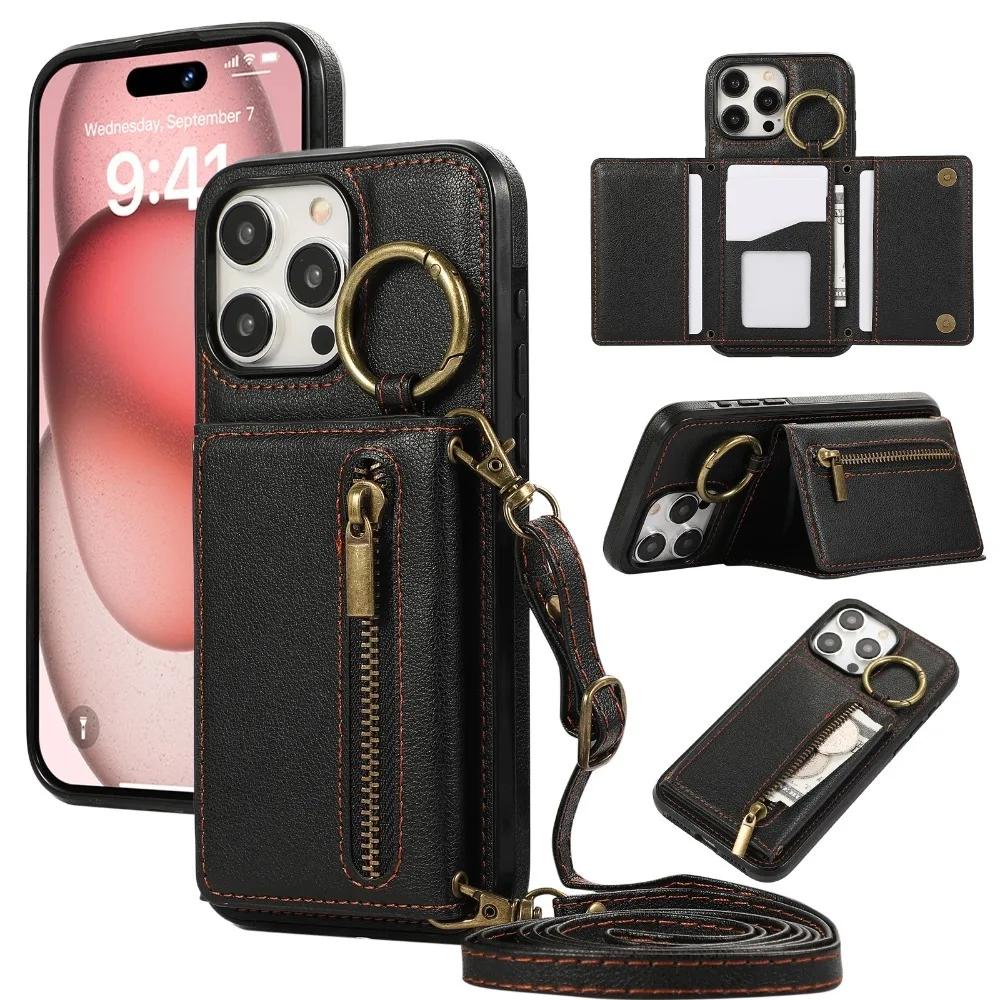 Crossbody Zipper Wallet Ring Kartenhalter Handyhülle für iPhone 16 SE 16 15 14 13 12 11 Pro Max XS X XR 7 8 Plus Lederhülle