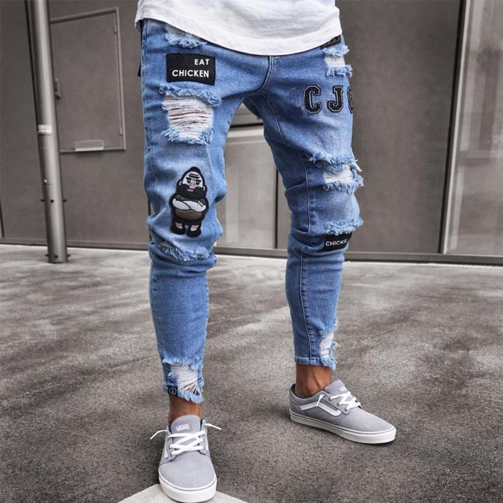 Bílé Vyšívané Skinny Roztrhané Džíny Pánské Bavlna Pružné Dírky Slim Fit Hip Hop Denimové Kalhoty Ležérní Džíny pro Muže Běžecké Kalhoty