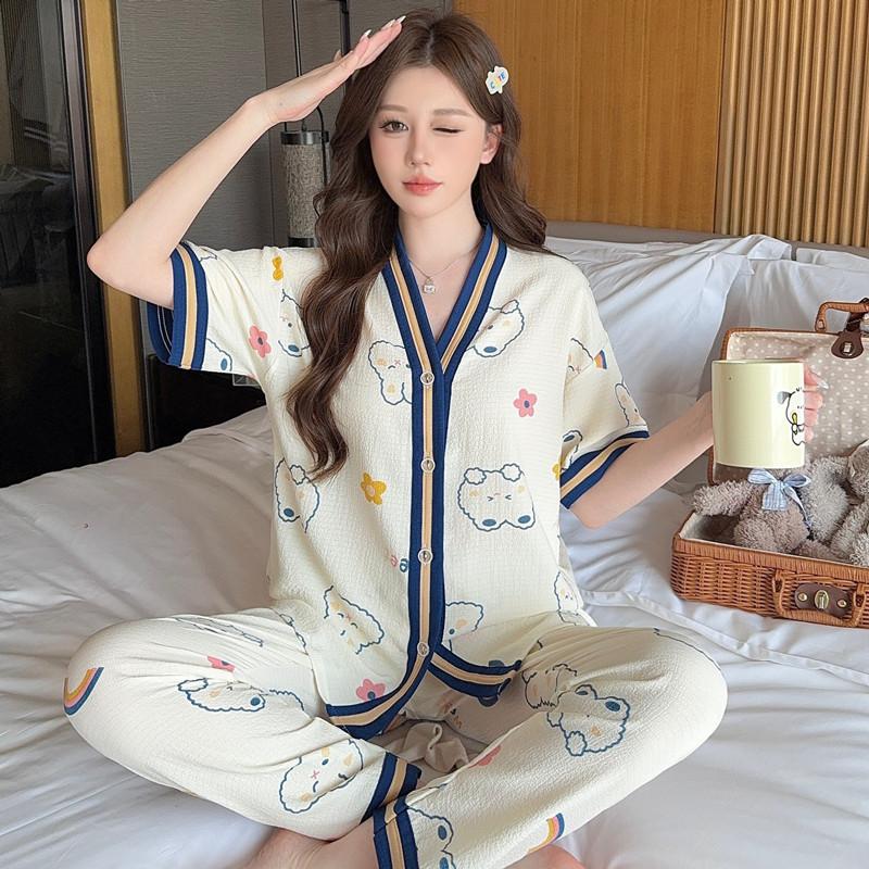 Cartoon cute pajamas women's summer thin bubble foam two-piece set short-sleeved 1011 new cartoon cardigan loungewear