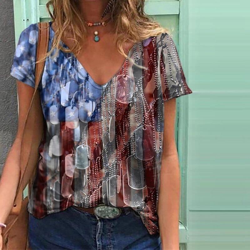 Summer V-neck 3D Retro Ethnic Style Printed Top Fashionable Casual Short Sleeved Women's T-shirts