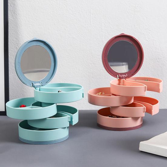 קופסת אחסון לתכשיטים פלסטיק רב-שכבתית אטומה לאבק עמידה בפני לחות סיבוב 360 מעלות מארגן תכשיטים עם מראה מובנה