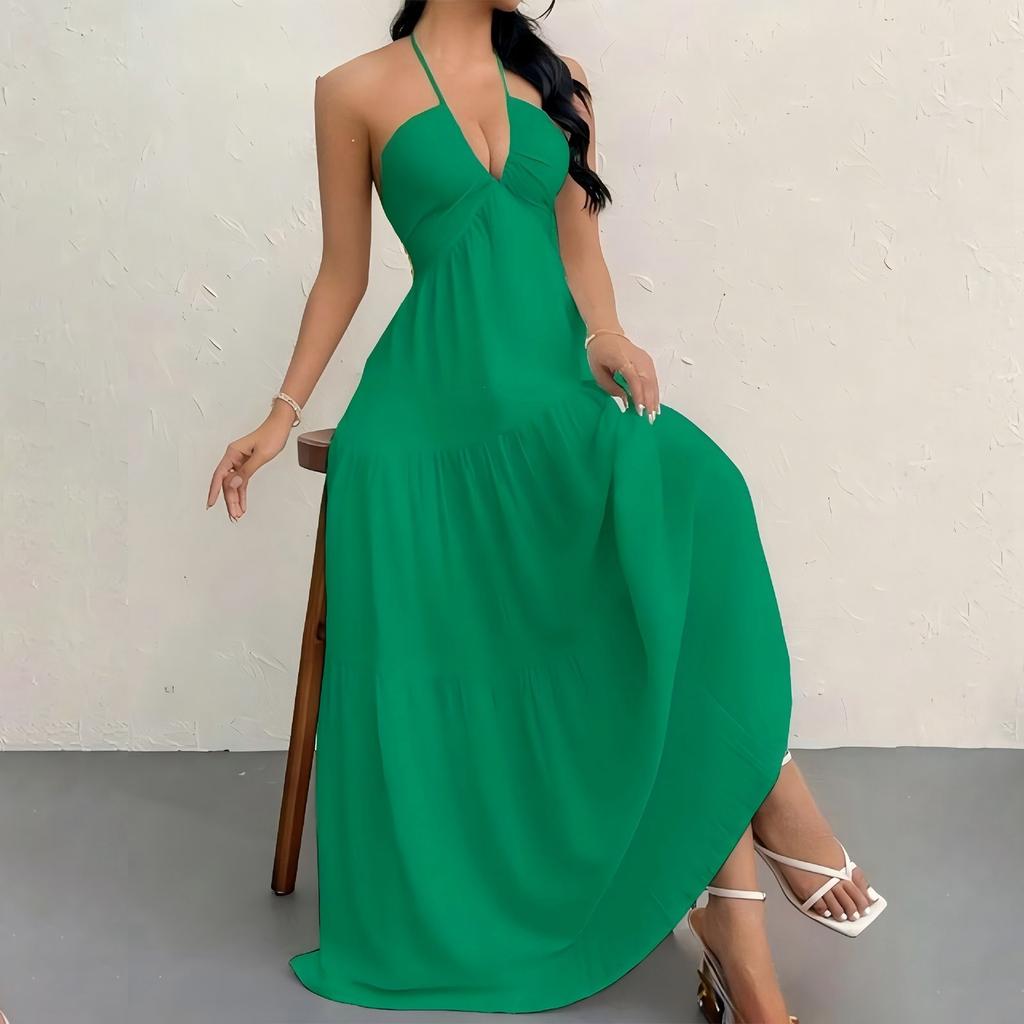 Maxi Abito da Donna Senza Maniche con Scollo all'Americana Schiena Scoperta con Lacci Estivo da Spiaggia Casual Lungo per Vacanze e Tempo Libero