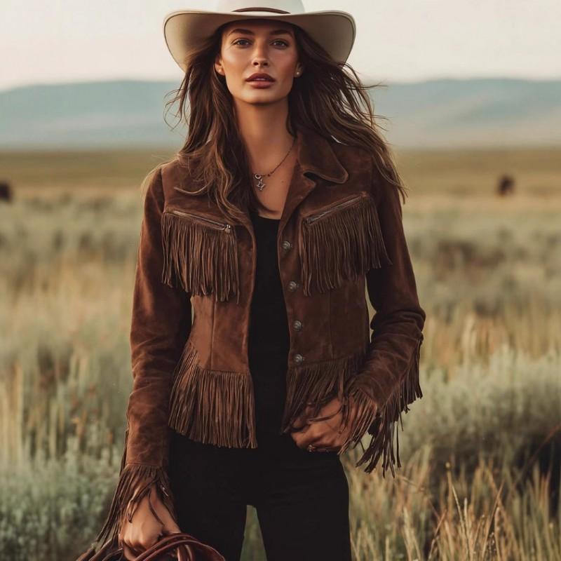 Womens Suede Short Cropped Jacket With Fringe Trim Turn-Down Collar Waist Belt Slim Fit Winter
