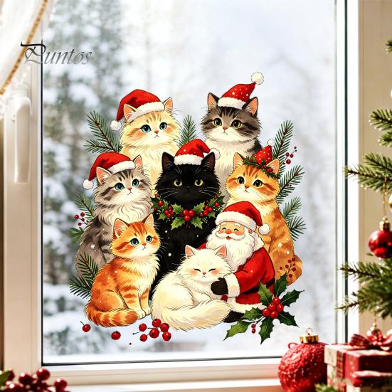 Winter Holiday Window Art Cat Christmas Static Cling Decal, Waterproof PVC Festive Sticker, Xmas Decor Easy Apply Decorative for Home Living