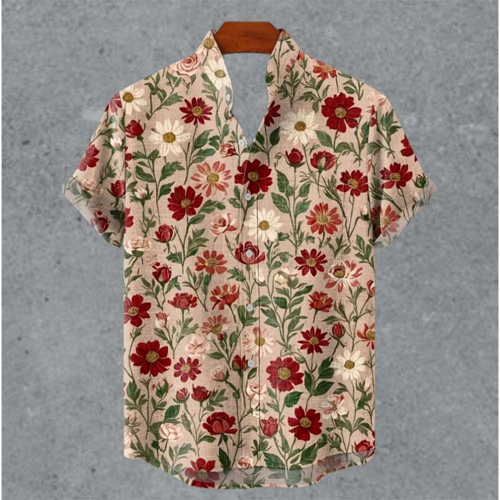 Art retro vintage men's shirt with mottled marks, standing collar printed short sleeved shirt, casual and comfortable top
