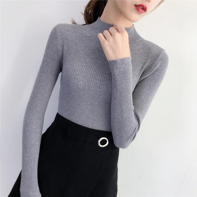 Autumn Half High Collar Pullover Sweater for Women Slim Fit Long Sleeve Base Women Knit Sweaters Elegant Solid Fashion Winter Knitwears Jumpers 25274