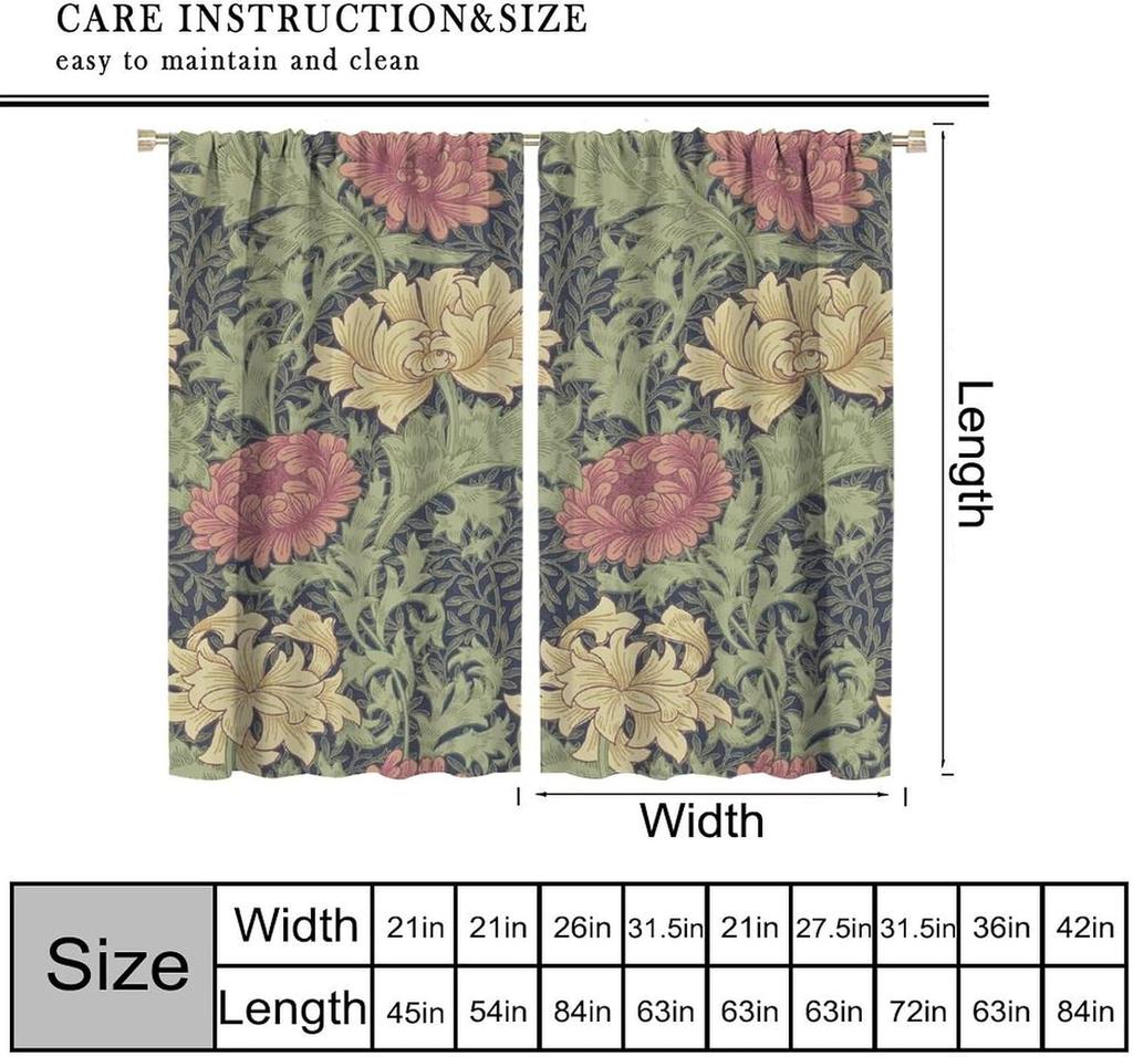 Boho Vintage Floral Bohemia Curtains Plant Flowers William Morris Style Window Drapes Living Room Bedroom Curtain Blackout Polyester Ideal For Area
