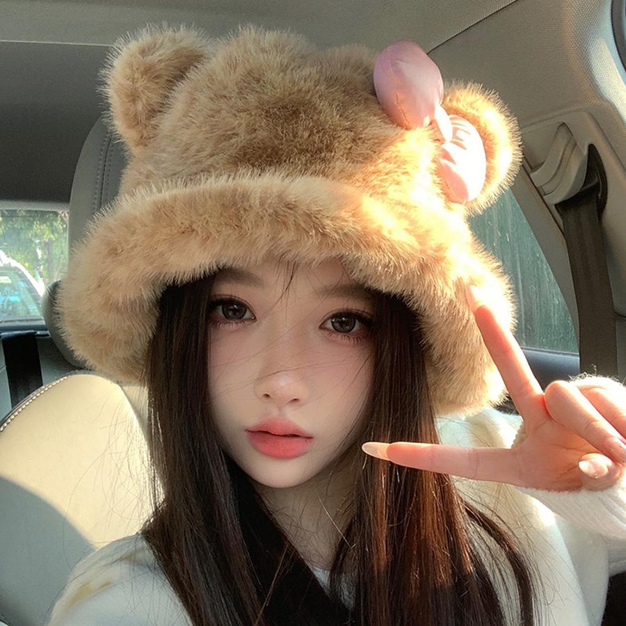 Leopard Print Bow KT Cat Plush Fisherman Hat for Women, Cute, Face-Slimming, Warm and Cold-Resistant Bucket Hat for Autumn and Winter