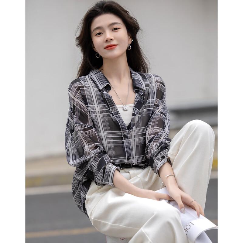 Demana Women s Vintage Plaid Chiffon Loose Blouse M