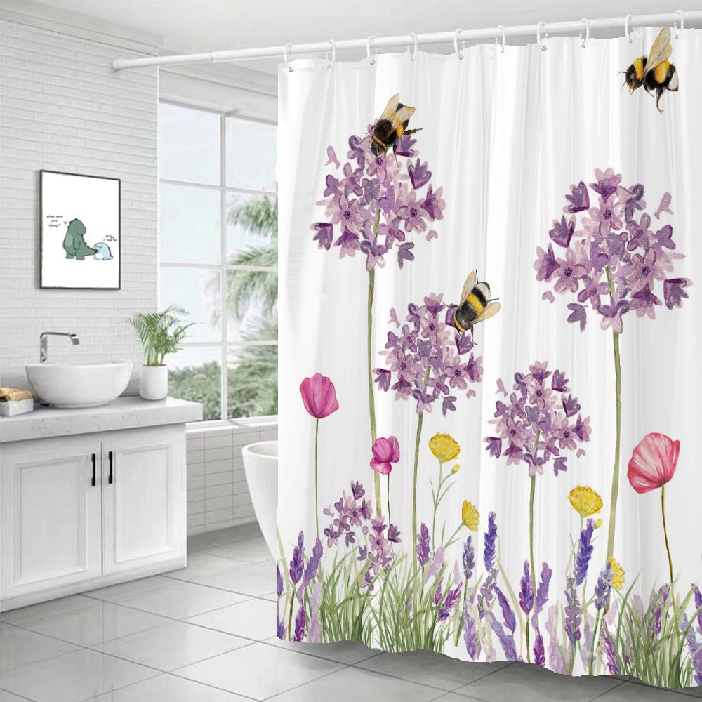 Watercolour Flower White Shower Curtain Simple Style 3D Plant Flowers Waterproof Polyester Bathroom Curtains Bath Screen Decor
